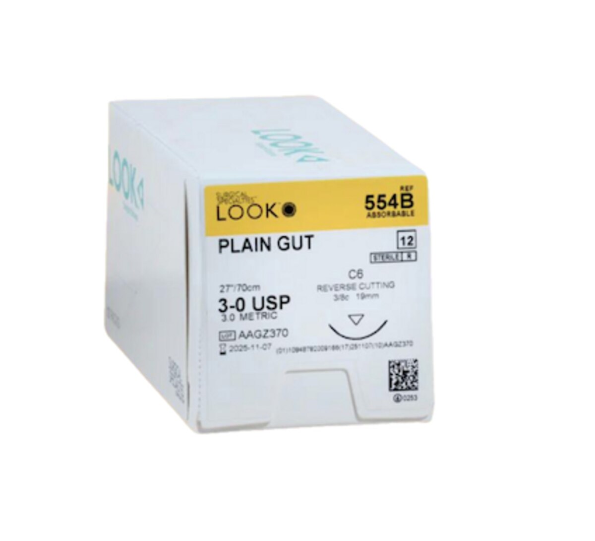 3-0, PLAIN GUT SUTURE, ABSORBABLE, 19MM, 3/8 CIRCLE, REVERSE CUTTING, 12BX